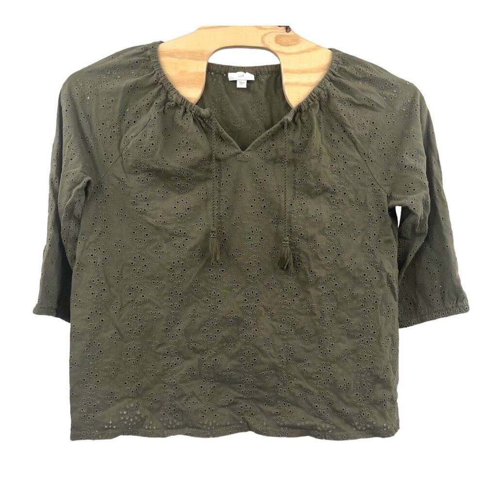 J.Jill 1X Top Womens Green Plus Size Cotton 3/4 Sleeve Floral Cutout Shirt